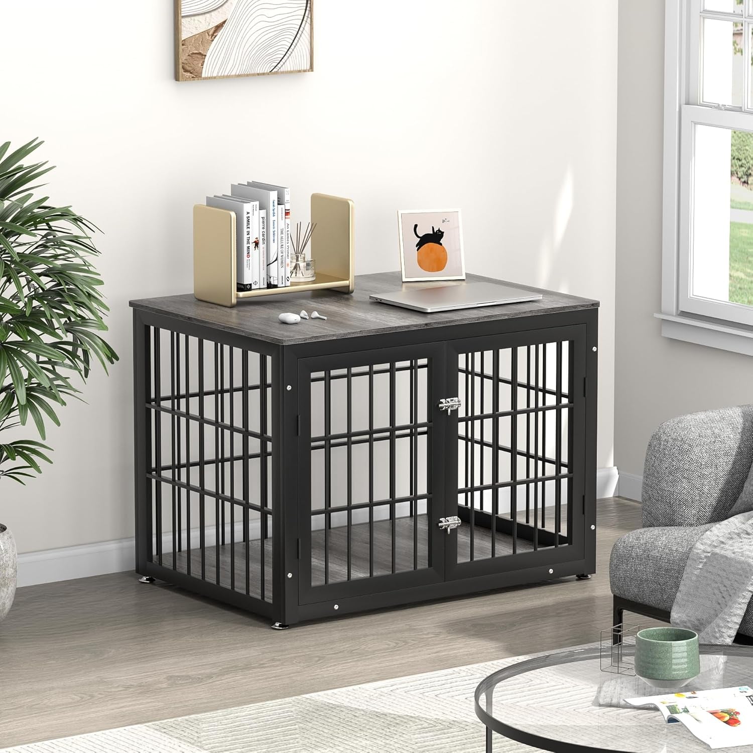 Heavy Duty Dog Crate Furniture for Large and Medium Dogs, Decorative Pet House End Table, Wooden Cage Kennel Furniture Indoor, Gray