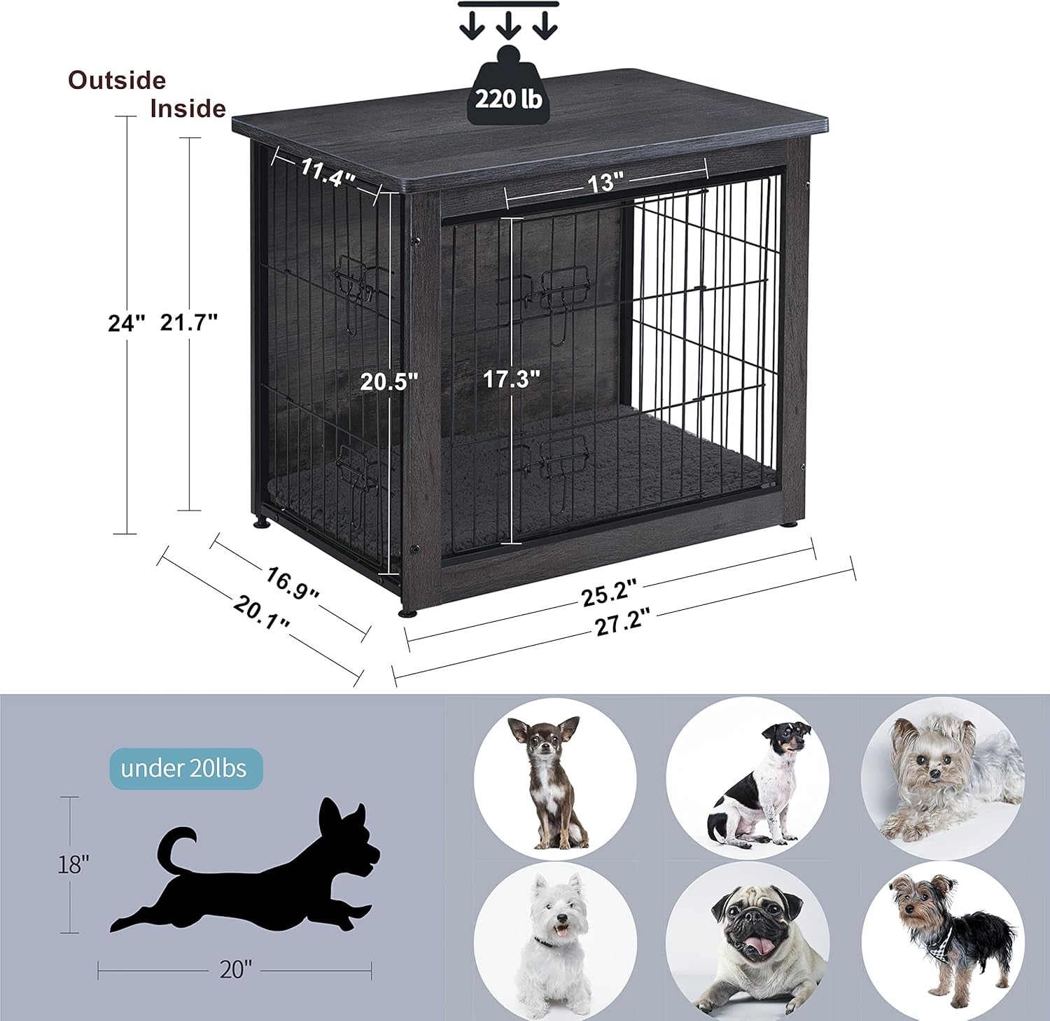 Dog Crate Furniture with Cushion, Wooden Crate with Double Doors, Dog Kennel Indoor for Small/Medium/Large Dog, End Table, Small, 27.2" L, Dark Grey