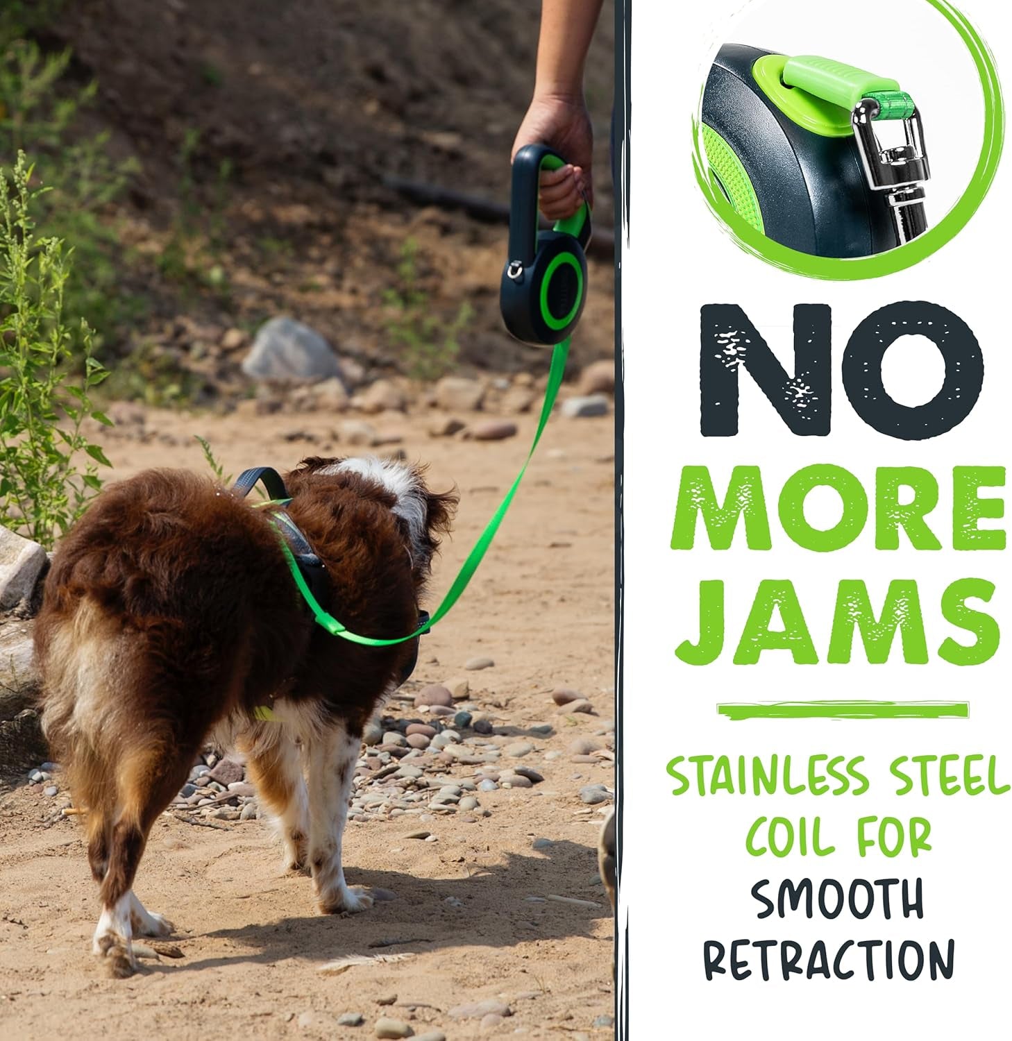 Retractable Dog Leash 2.0 | 16' Heavy Duty Reflective Nylon Tape Lead for Pets up to 0-50 Lbs. Tangle Free Design W/One Touch Quick-Lock Braking System & Anti-Slip Handle (Green/Lite)