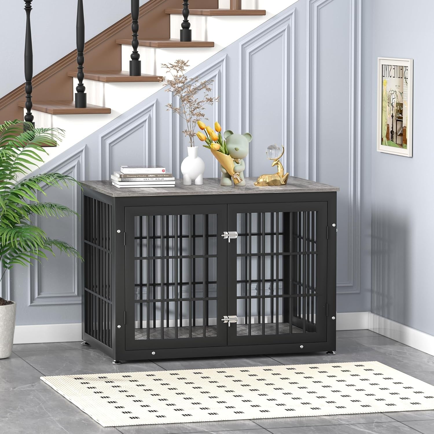 Heavy Duty Dog Crate Furniture for Large and Medium Dogs, Decorative Pet House End Table, Wooden Cage Kennel Furniture Indoor, Gray