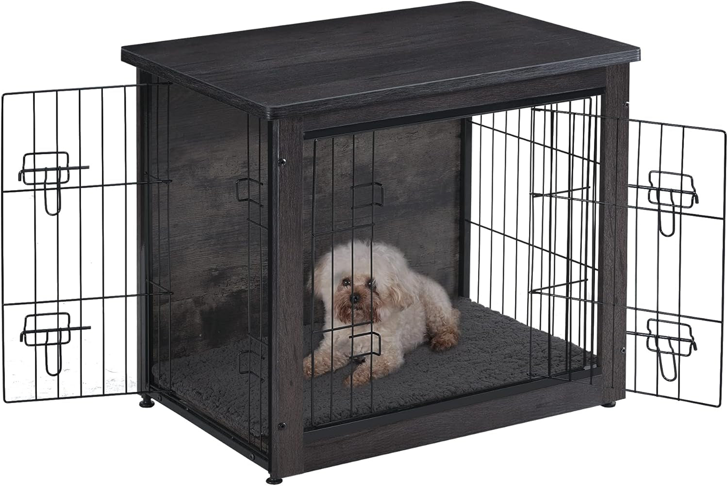 Dog Crate Furniture with Cushion, Wooden Crate with Double Doors, Dog Kennel Indoor for Small/Medium/Large Dog, End Table, Small, 27.2" L, Dark Grey