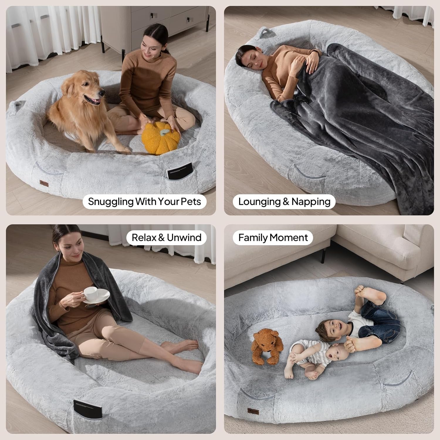 Human Dog Bed for People Large - Bean Bag Adult Size Giant Extra Sized for Kid Waterproof and Washable Anti-Slip Grey 74"" X50 X12 (Grey White)