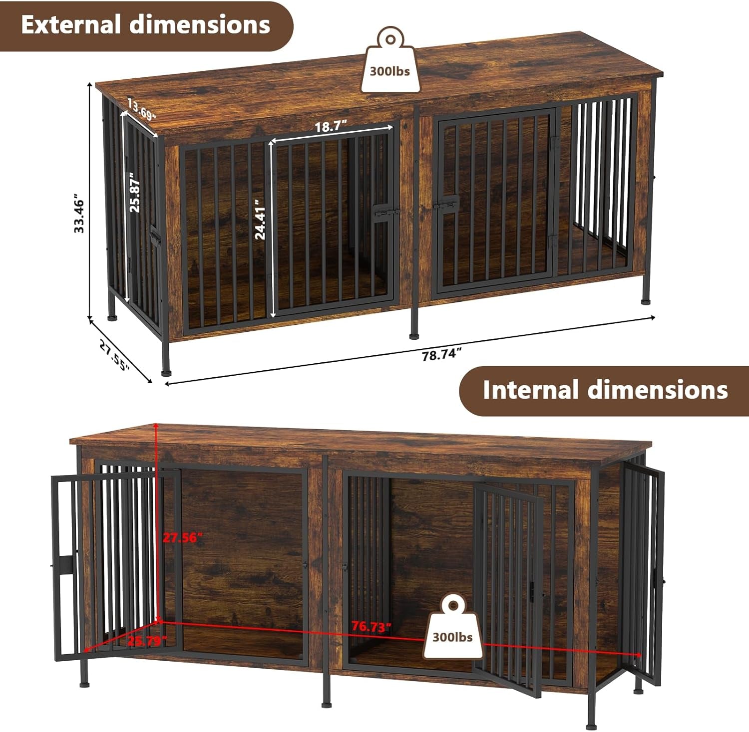 78 Inch Dog Cage Furniture for 2 Dogs, Extra Large Double Dog Crate Furniture Large Breed, XXL Thick Wooden Dog Crate Furniture TV Stand, Sturdy Dog Kennel Furniture Dog Crate with Divider