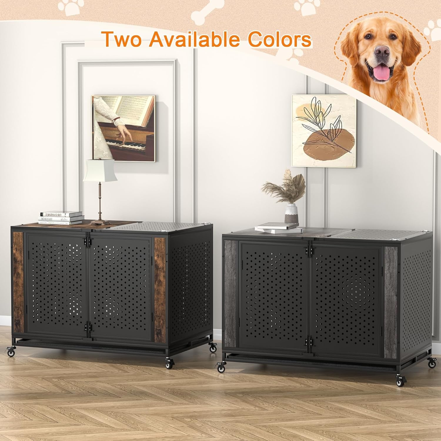 48" Heavy Duty Dog Crate Furniture for Extra Large Dogs, Enclosed Design with 0.5 Inch Holes, Indestructible Metal Kennel for High Anxiety Dogs, Chew Proof Pet Cage House Indoor, Brown