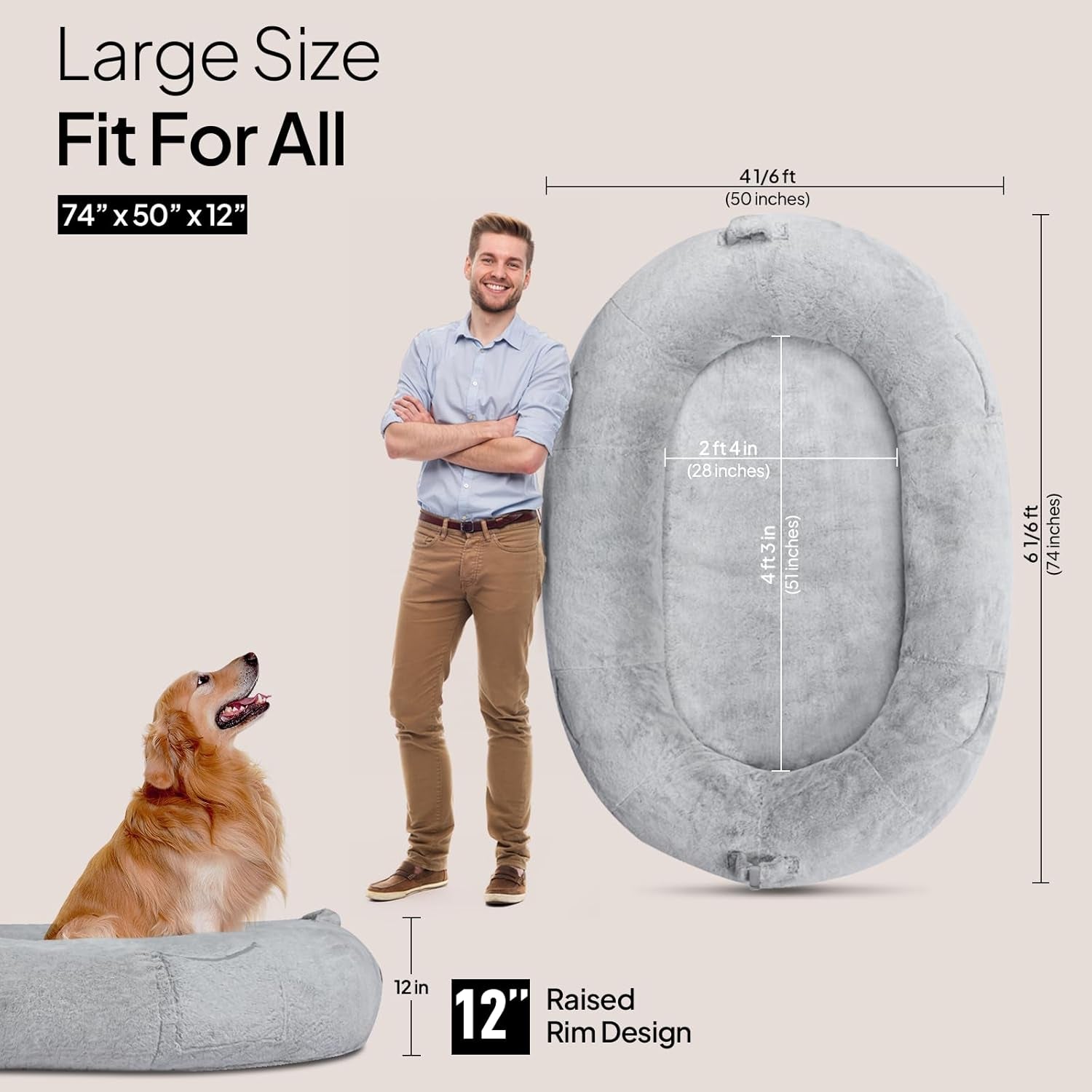 Human Dog Bed for People Large - Bean Bag Adult Size Giant Extra Sized for Kid Waterproof and Washable Anti-Slip Grey 74"" X50 X12 (Grey White)