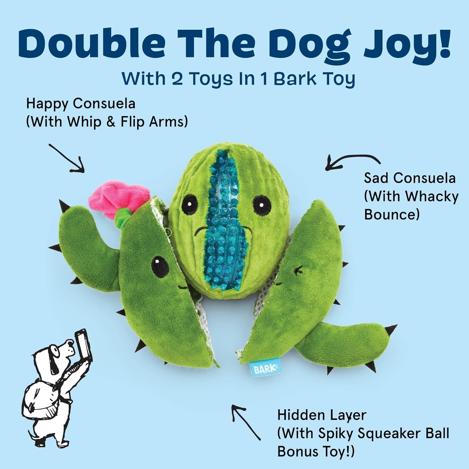 2 in 1 Interactive Plush Dog Toy - Rip and Reveal Toy for Dogs and Puppies - Stimulating Squeaky Pet Toys | Consuela Cactus (Large)